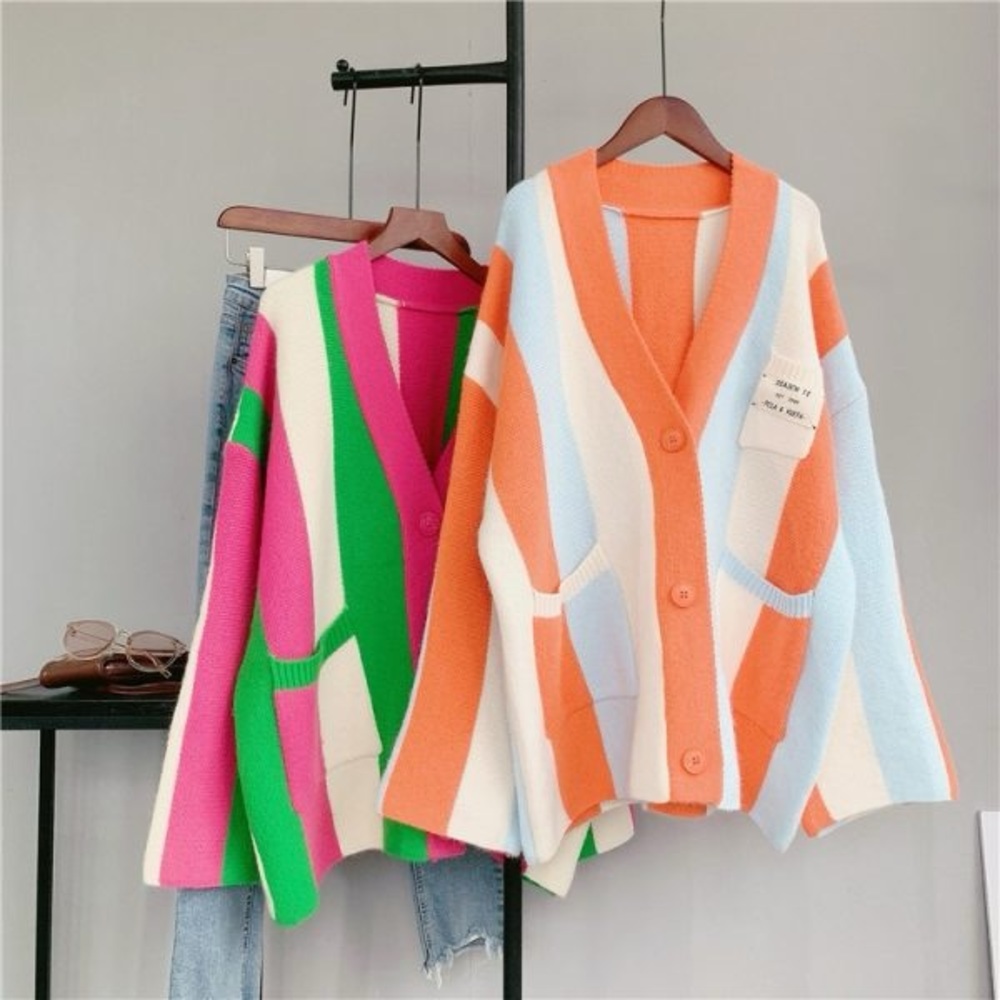 One Size Fits All Cartigan Sweater Orange, Blue and white